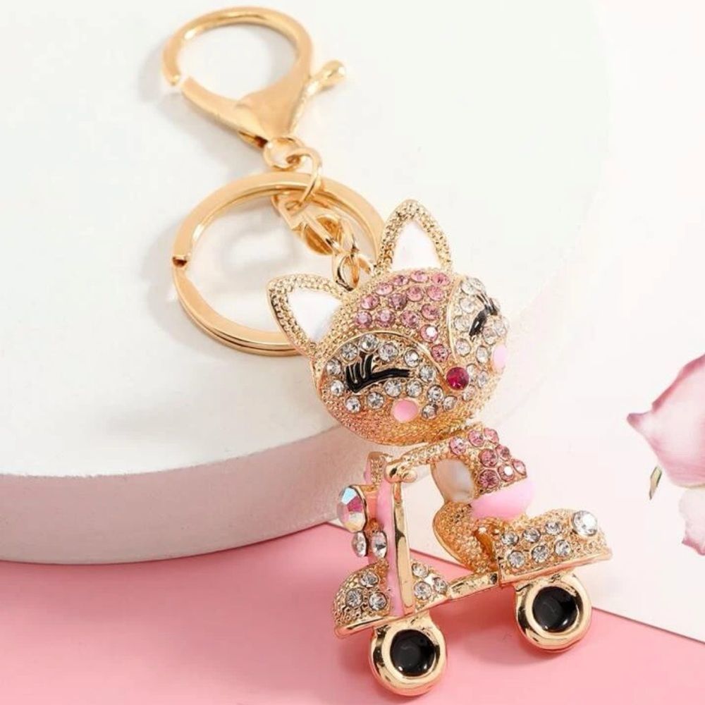 New Crystal Moped Scooter Kitty Cat Purse Charm Keychain Stocking Stuffer